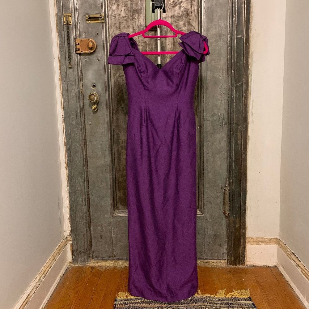 Vintage 70s 80s Bianchi Boston purple dramatic off the shoulder bow straps sheat